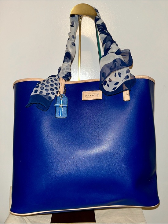 Coach Handbags - Coach Park Navy Saffiano Leather Tote with Polka Dot Scarf-wrapped Handles